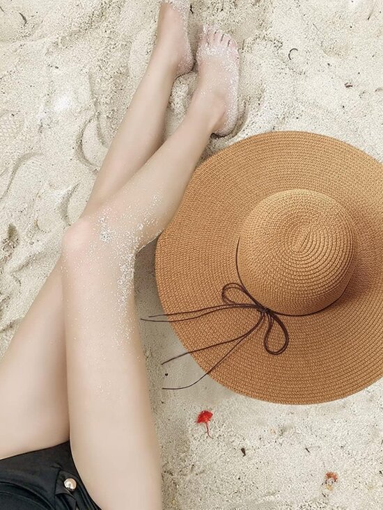 Women Foldable Summer Wide Brim Packable Sun Hat Travel Straw Fedora Hat Khaki1